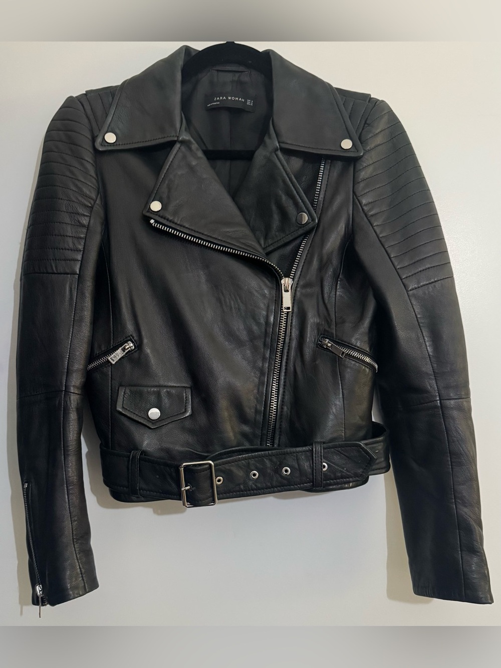 Zara Woman Black Genuine Leather Quilted Moto Biker Jacket Size Medium